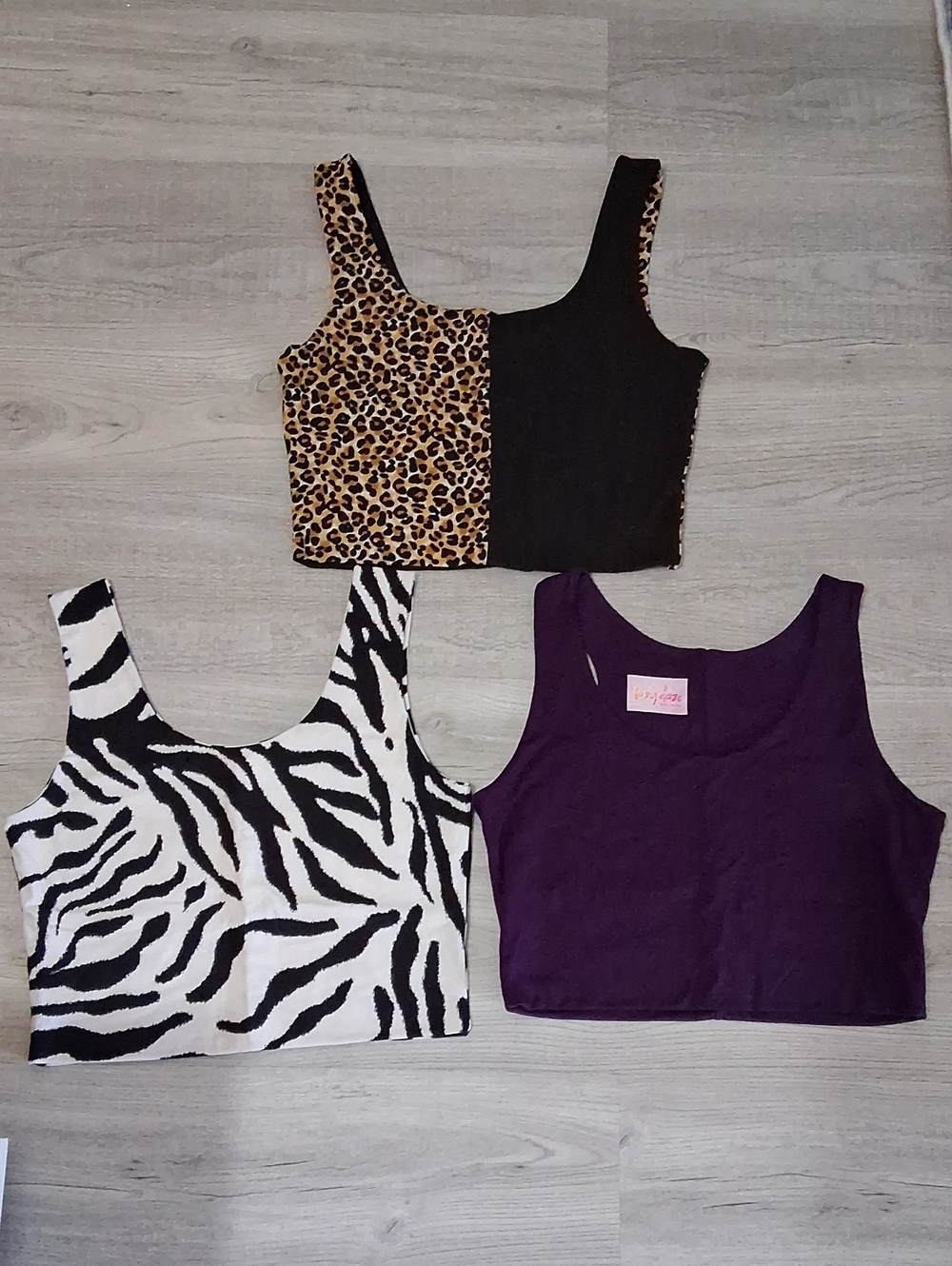 Crop Tank Top Bundle Of 3, Super Soft Brushed Jersey,  Animal,  Solid,  Xs/s